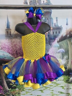 Yellow, Purple & Blue Tutu Dress with Matching Hair Bow